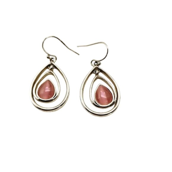 Lia Sophia Teardrop Dangle Earrings Pink Rose Glass Stone Silvertone Double Hoop - Picture 7 of 11